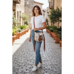 Myra Bag Edgy Calfhair Leather Fringe Crossbody Shoulder Bag Boho Hippie Western